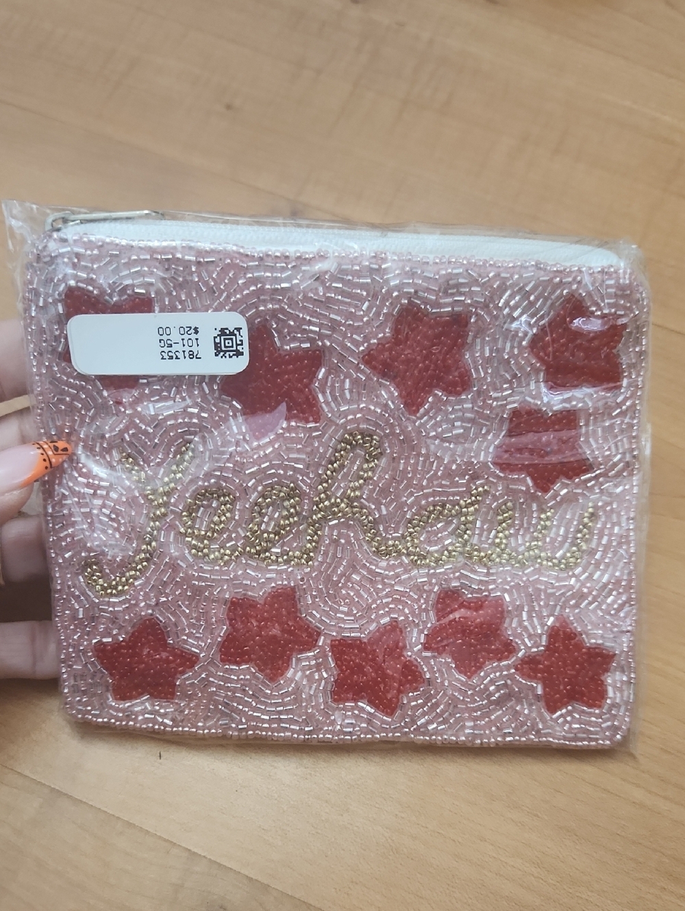 Beaded Pink Star Zip Pouch with Gold Script "Yeehaw"